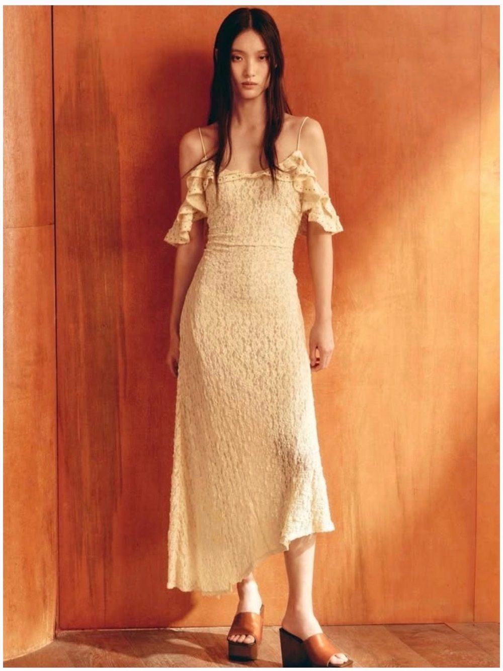 Zara Cream Ruffle Cold-Shoulder Midi Dress